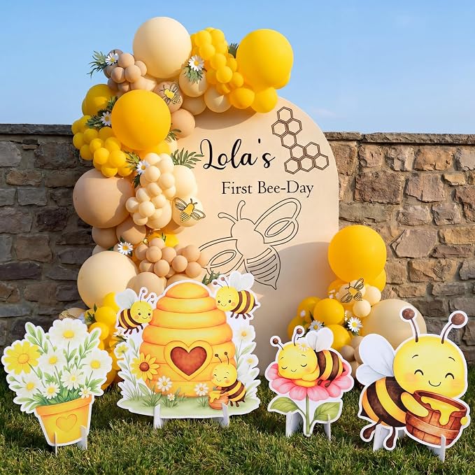 Honoson 4 Pcs 22.8" x 23.6" Large Bee Baby Shower Decorations Cardboard Cutouts, a Little Honey is on The Way Bee Theme Backdrop Daisy Sunflower Yard Signs for Birthday Party Supplies Photo Prop