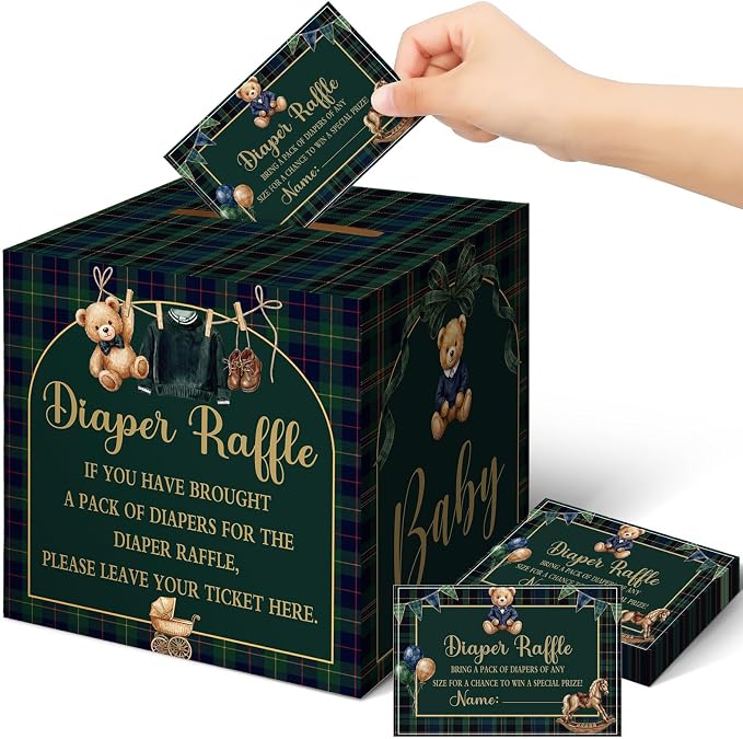 Teling 51 Pieces Diaper Raffle Tickets Box with Card Baby Shower Decorations Gender Reveal Holder Box for Girl Boy Diaper Raffle Party (Blue Green Tartan Plaid We Can Bearly Wait Style)