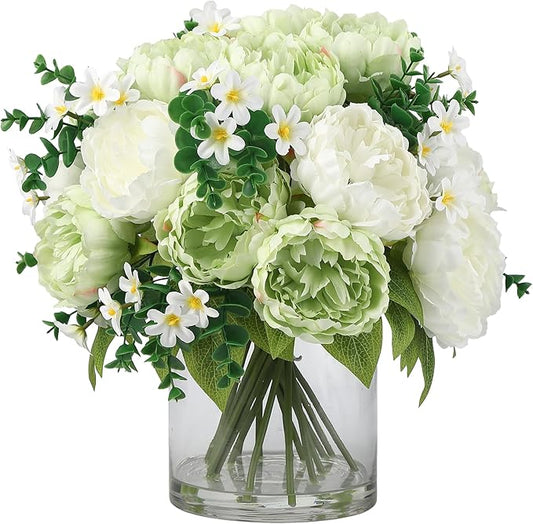 White & Green Mixed Peonies Bouquet, Silk Faux Peony with Glass Bottle and Faux Water for Home Decor Wedding Bouquets Table Centerpieces