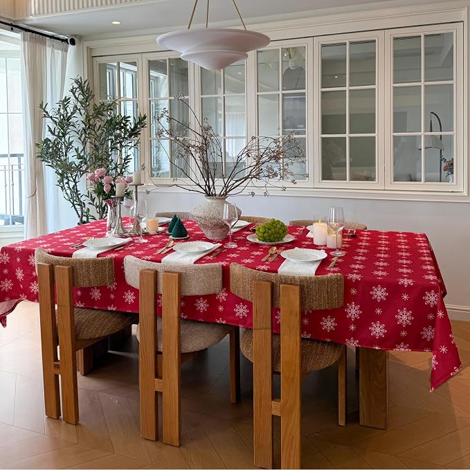 Red Tablecloth, Rectangle Table Cloh with Snowflake Decorations, Spillproof Cotton Linen Fabric Table Cover for Holiday, Winter, Party, Christmas - 60''x120''