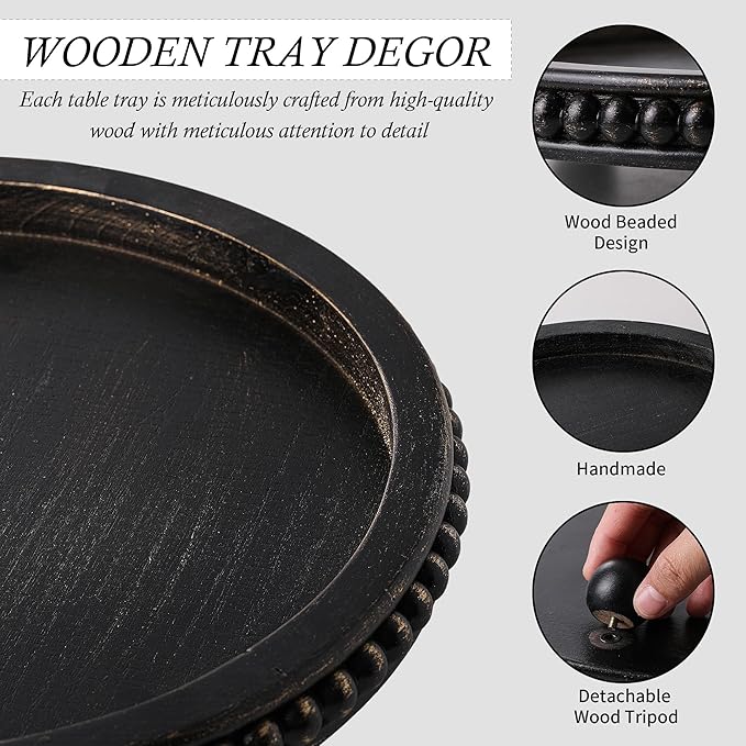 Wooden Decorative Tray, Black Round Coffee Table Tray Decor Beaded Distressed Rustic Farmhouse Centerpiece for Living Room Entryway Kitchen Counter Dining Room