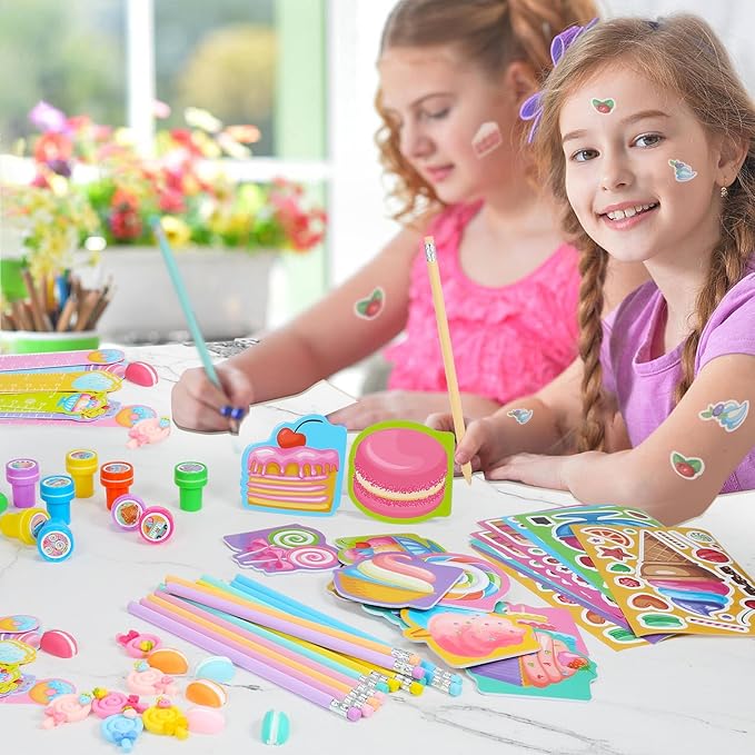 BenLouis 96Pcs Candyland Party Favors Ice Cream Donut Mini Notebook Stampers School Stationery Bulk for Kids Lollipop Sweet Treats Birthday Goodie Bags Pinata Filler Classroom Prizes Supplies
