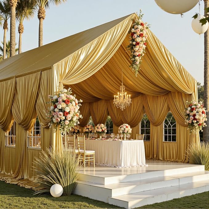 60ftx40ft Gold Ceiling Curtain for Wedding Parties – 12 Panels Wrinkle-Free 40 FT Long Tent Draping Curtains for Wedding, Birthday & Theme Parties, 40ft Height with Rod Pocket