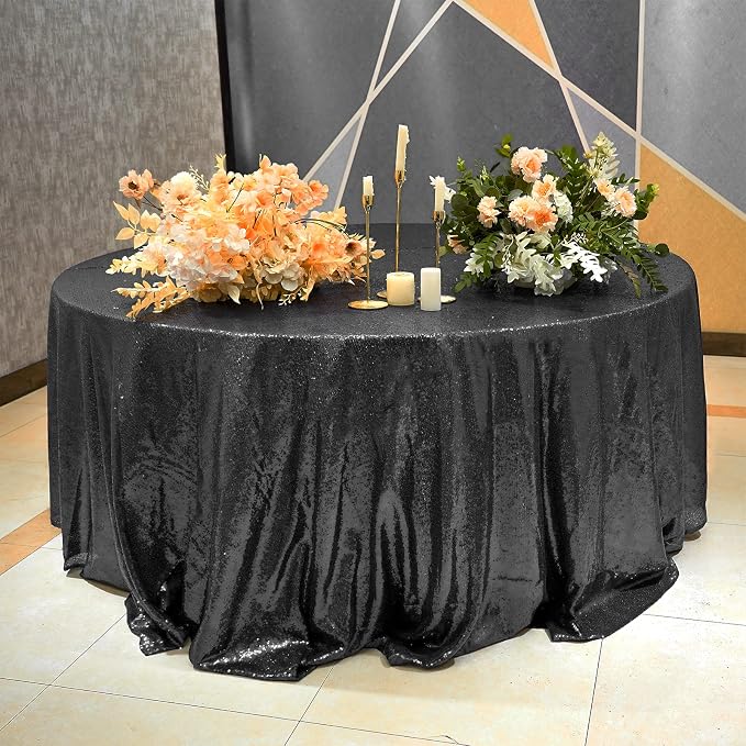Black Sequin Tablecloth, 132'' Round Sparkly Tablecloth, Glitter Tablecloth for Wedding Baby Shower Birthday Party Dinners
