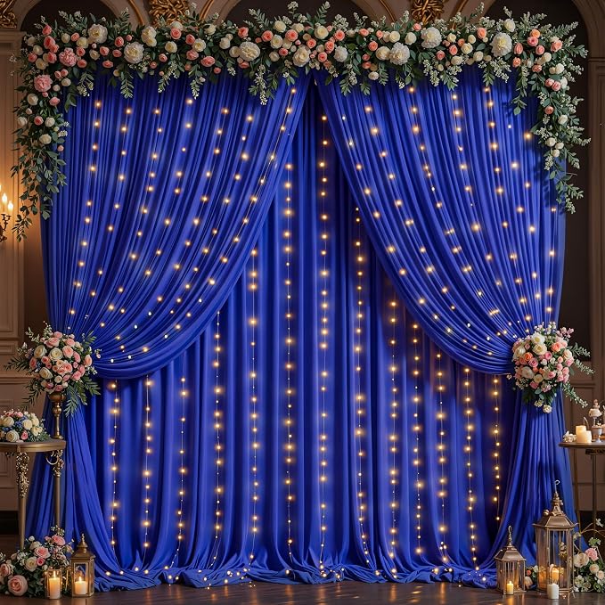 Royal Blue Backdrop Curtains with Lights for Parties,20x10FT Wrinkle Free Wedding Photo Backdrop Drapes Fabric for Baby Shower Birthday Ceremony Reception Home Party Decorations