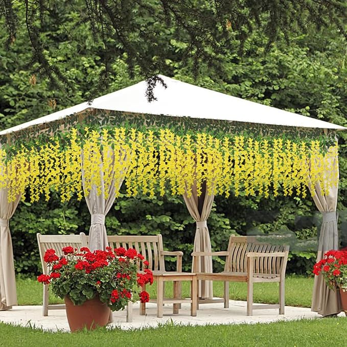 Artificial Wisteria Hanging Flowers Fake Wisteria Flower Garland Silk Vines Rattan Decor for Home Wedding Arch Wall Garden Greenery Bedroom Outdoor Office Party Decoration(24, Yellow)
