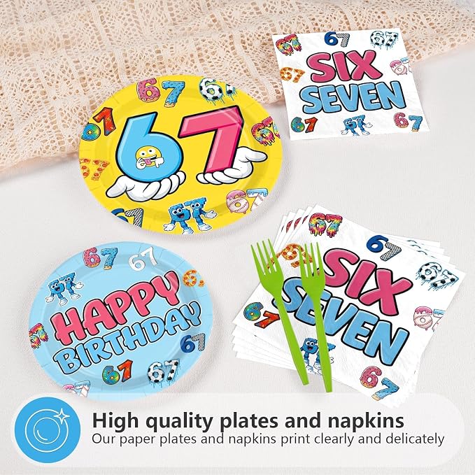 96Pcs 6 7 Birthday Decorations 6-7 Birthday Plates and Napkins Six Seven Themed Disposable Paper Tableware Set for Kids Boys Girls I was 6 Now Im 7 Party Supplies Serves 24