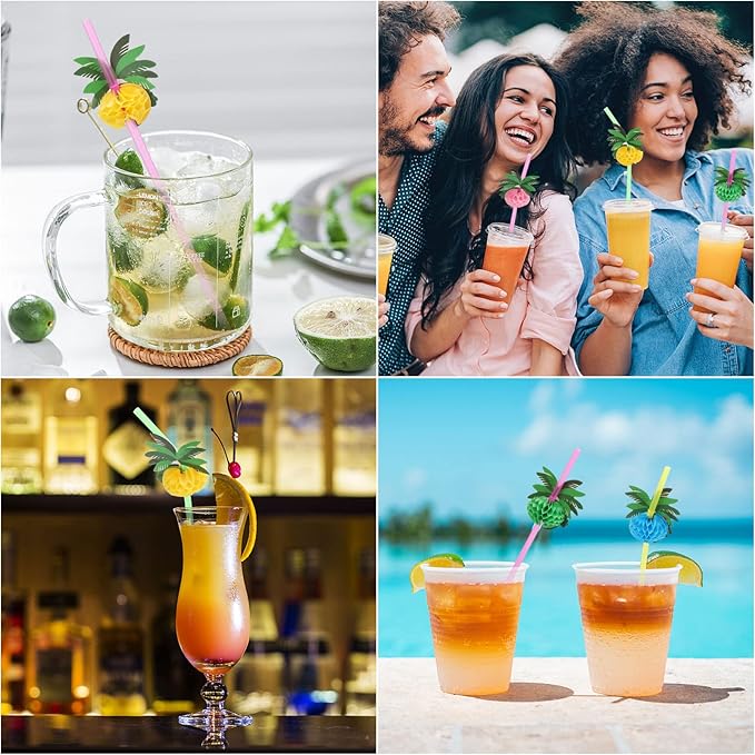 100pcs Coconut Tree Drinking Straws, Disposable Honeycomb Plastic Straws, Tropical Hawaiian Beach Cocktail Pool Luau Party Decorations Supplies