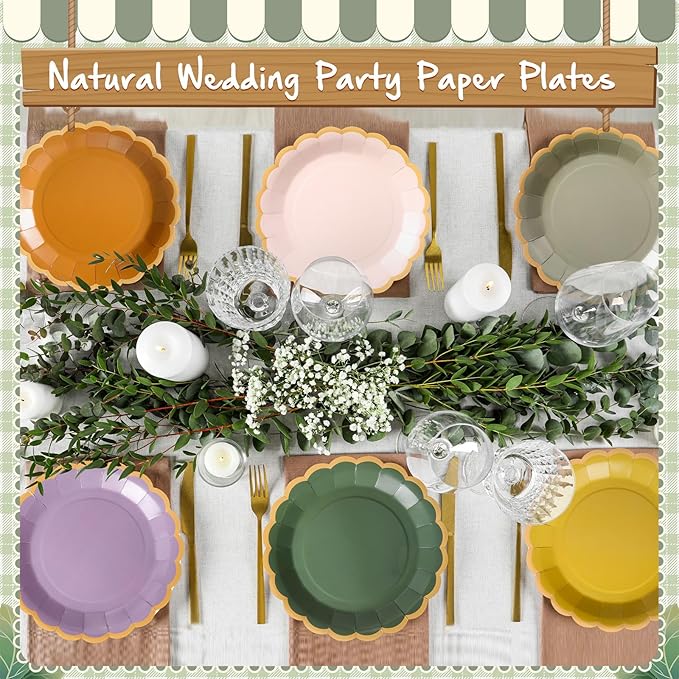 48 Pcs Nature Wedding Paper Plates 9 Inch Sage Green Purple Scalloped Paper Disposable Dinner Dessert Plates for Birthday Wedding Bridal Party Supplies, 6 Colors
