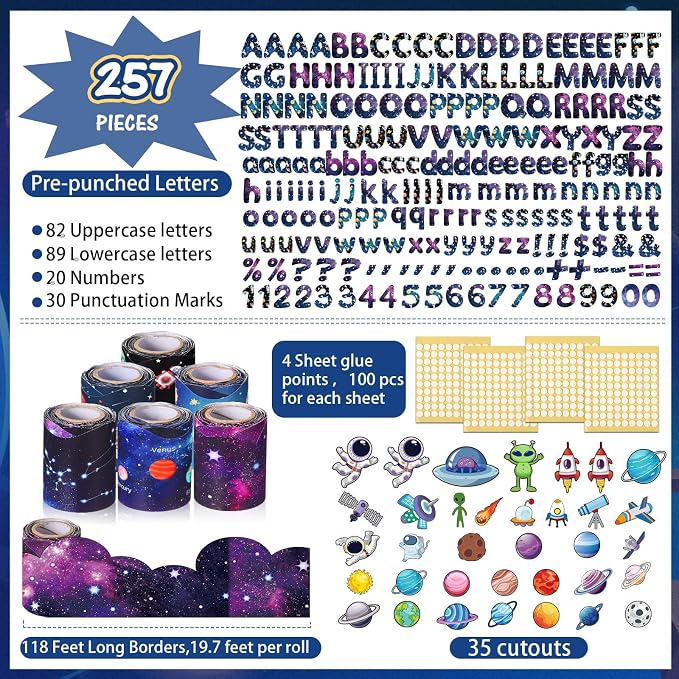Kosiz Space Bulletin Board Decoration Set 118 ft Scalloped Bulletin Board Borders Classroom Poster Border Trim with 257 Pcs Letter Number Symbol Cutout for School Decor