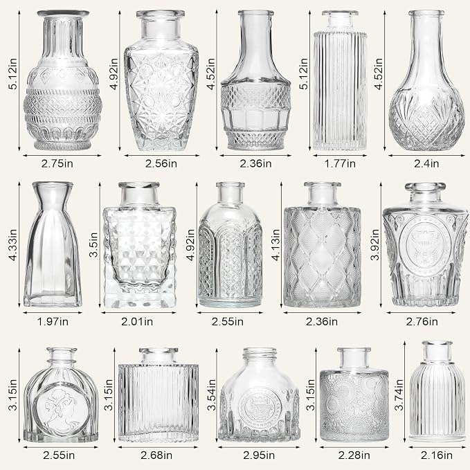 Arme 16Pcs Glass Bud Vase Set，Small Flower Vase for Centerpieces，Clear Bud Vases in Bulk， Mini Vintage Vase for Rustic Wedding Decorations