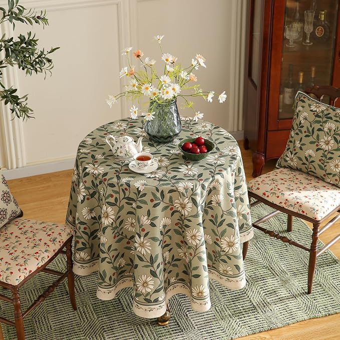 ISAENNE Designer Vintage Linen Green Round Tablecloth,Diameter 55"-Brune | French Elegant Beautiful Table Cloth,Floral Pattern,Heavyweight,Decoration,Dining Room,Tea Party,Kitchen,Thanksgiving