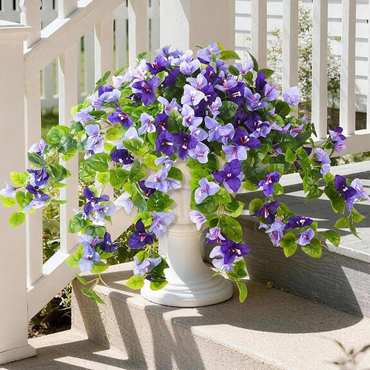 Homsunny Artificial Hanging Flowers Plants Basket for Outdoor Decoration,6 PCS Faux Silk Bougainvillea Vine Flowers Look Real UV Resistant for Outside Porch Patio Yard Garden Decor (Purple)