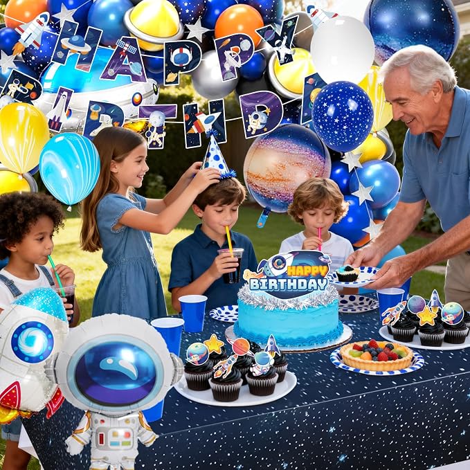 Outer Space Party Decorations, 109pcs Space Birthday Decorations Set Includes Galaxy Birthday Banner Balloons Tablecloth Cake Decorations etc