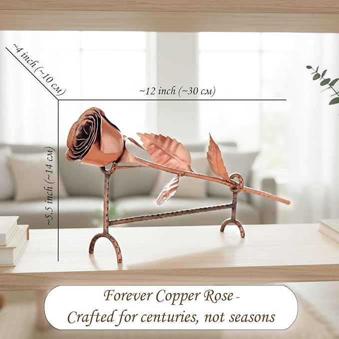 Copper Rose with Stand for 7th or 22nd Anniversary – Handmade Pure Copper Flower with Hammered Stand – Romantic Wedding Gift for Wife or Her