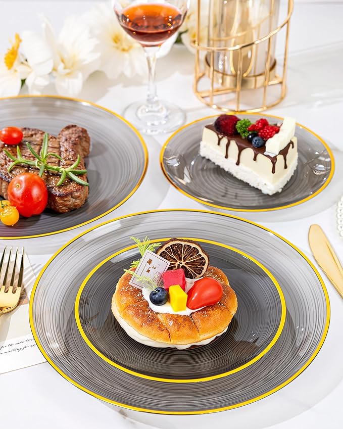 Morejoy 60Pcs Black Plastic Plates,Black Disposable Plates With Gold Rim,Heavy-duty Gold plate, Modern swirl design Plate Include 30 Dessert-plates,30Dinner-plates for Party,New Year