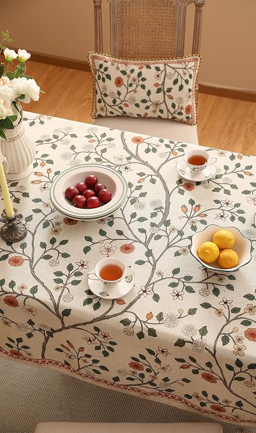 ISAENNE Vintage French Linen Rectangular Tablecloth,71"x55"-Flora A | Designer Elegant Floral Table Cloth Rectangle Table,Beautiful,Decoration,Dining Room,Tea Party,Kitchen,Thanksgiving