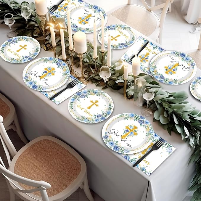 200pcs God Bless Plates Napkins Baptism Paper Tableware Set First Holy Communion Cake Dessert Disposable Dinnerware Blue Floral Party Decoration for Christening Birthday Decor Supplies Serves 50