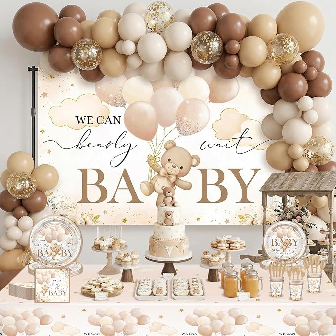 270 Pcs We Can Bearly Wait Baby Shower Decorations: Bear Baby Shower Banner Balloons Disposable Bear Themed Plates and Napkins Cups Tablecloth, Serve 24