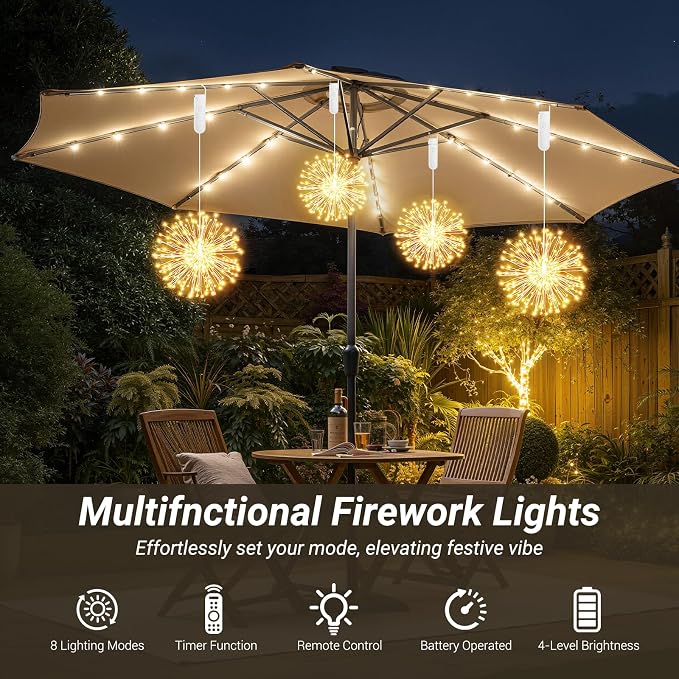 Hanging Firework Lights: Twinkle String Fairy Lights with Remote - 120 LED 8 Modes Dimmable - Indoor Outdoor Battery Operated Starburst Light for Garden, Patio, Party Xmas Decor