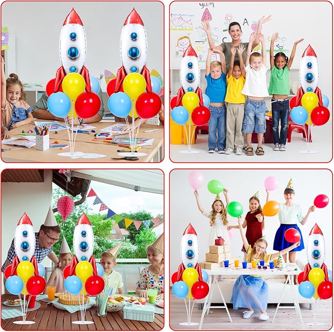 Toy Inspired Themed Party Story Balloons Stand Kit 2 Sets With 2 Rocket Foil Balloons Toy Themed Red Blue Yellow Balloon Centerpiece for Tables for Boys Birthday Baby Shower Cartoon Party Decorations