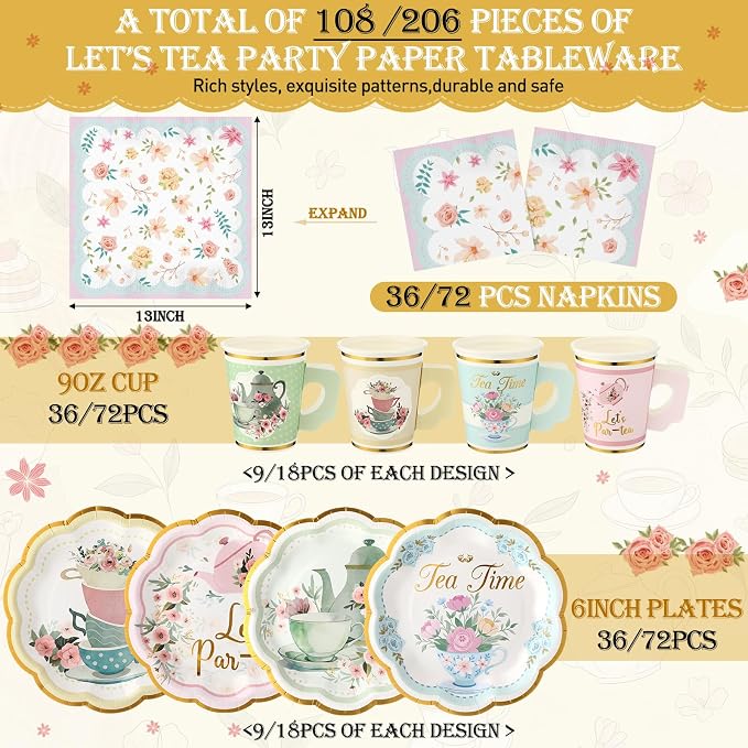 Yungyan 108 Pcs 36 Guest Tea Party Plates and Napkins Sets Floral Tea Party Supplies 6" Paper Plates, 9 oz Cups and Saucers Disposable Tableware Set for Birthday Wedding Bridal Shower Decorations