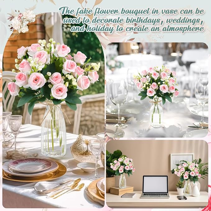 Zeyune 31 Pcs Rose Artificial Flowers with Vase Bulk for Table Centerpiece, 20 Bundles Fake Silk Roses 10 Plastic Clear Vase with 1 Pcs Rope Arrangement Decoration Wedding Home Party(Pink)