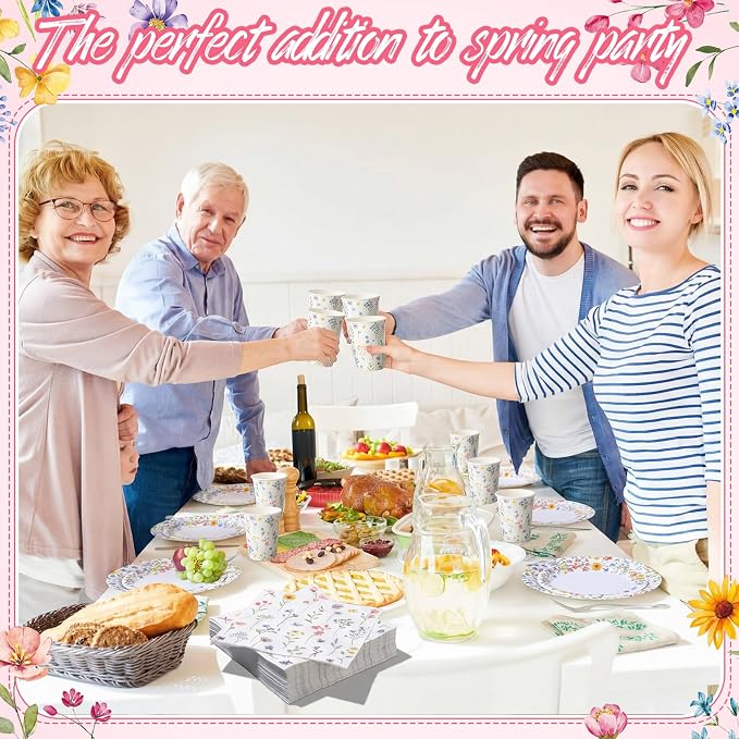 Pickmesh 400 Pcs Wildflower Party Supplies Floral Baby in Bloom Tableware Include Disposable Paper Plates Napkins Cups Cutlery for Spring Summer Picnic Tea Baby Shower Party Decorations Serve 50