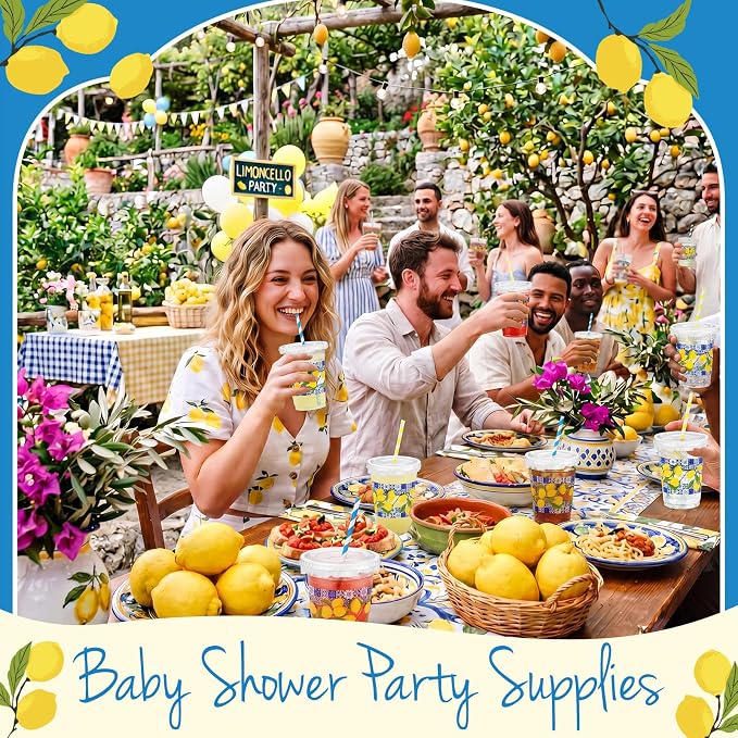 FoldTier 50 Pcs 12 oz Lemon Disposable Plastic Cups with Blue Tile Design, Lids, Straws and Leakproof Paper, Mediterranean Summer Party Supplies for Birthday Baby Shower Bridal Picnic Decorations