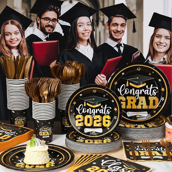 Funnymoom 400 Pcs Graduation Party Supplies Class of 2026 Graduation Paper Plate Napkin Cup Cutlery Congrats Grad Disposable Tableware Set for Grad Party Decorations, Serve 50(Black, Gold)