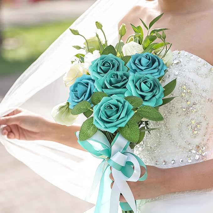Mocoosy 50Pcs Rose Artificial Flowers, Teal Green Fake Roses for Decorations, Real Touch Foam Roses Bulk with Stem DIY Wedding Bouquet Mother's Day Floral Arrangement Bridal Shower Party Home Decor