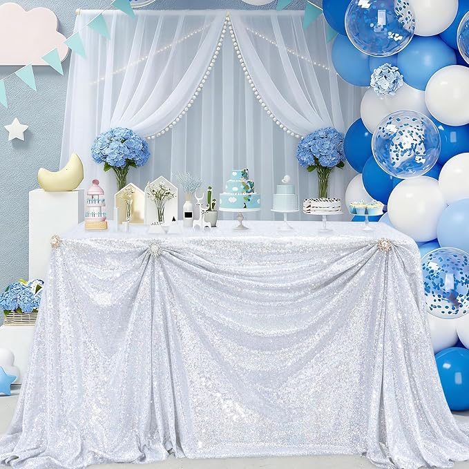 B-COOL Rectangle Sequin Tablecloth Laser Silver Table Cloth Glitter Fabric 90x132 Inch for Wedding Party Dining Banquet Tablecloths Decoration