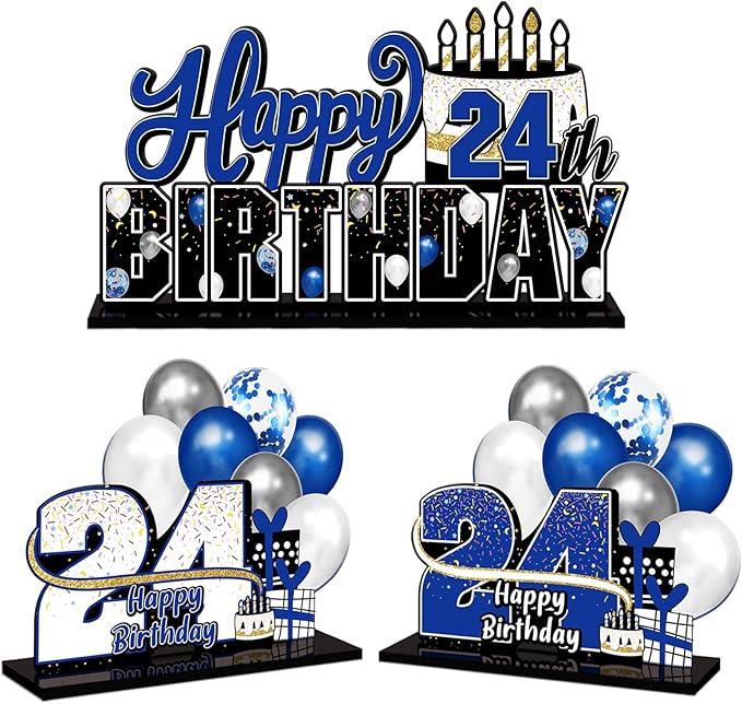 LINGTEER Happy 24th Birthday Blue Acrylic Table Topper Centerpieces Set - Cheers to 24 Years Old Birthday 24th Bday Party Gift Decorations.