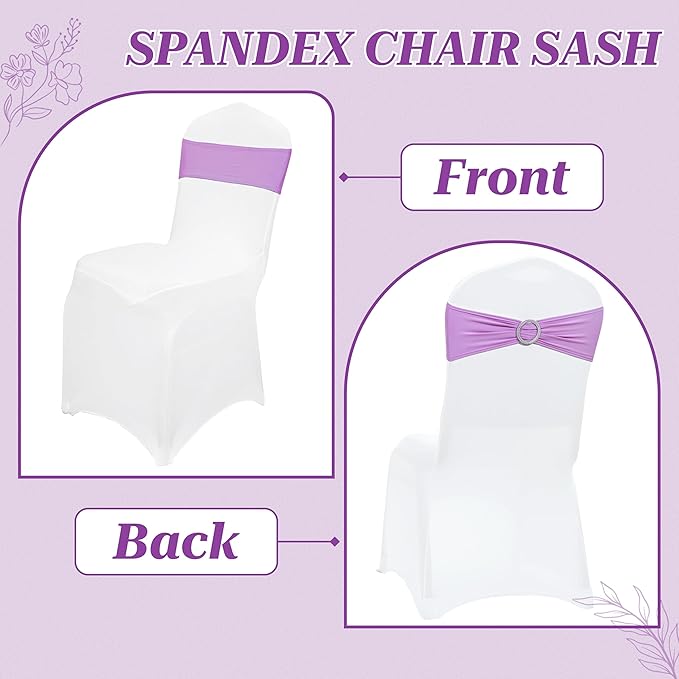 VDS - Light Purple | Spandex Chair Sashes Bows | 50 PCS | Stretch Elastic Banquet Universal Folding Chair Band Tie with Silver Buckle Slider for Wedding Party Conference Celebration Event Decoration