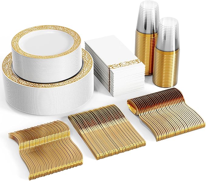 FOCUSLINE 350 Ct Gold Dinnerware Set for 50 Guests, Gold Lace Plastic Plates Disposable Heavy Duty, Including 50 Dinner & Dessert Plates, Cups, Napkins, Cutlery Set