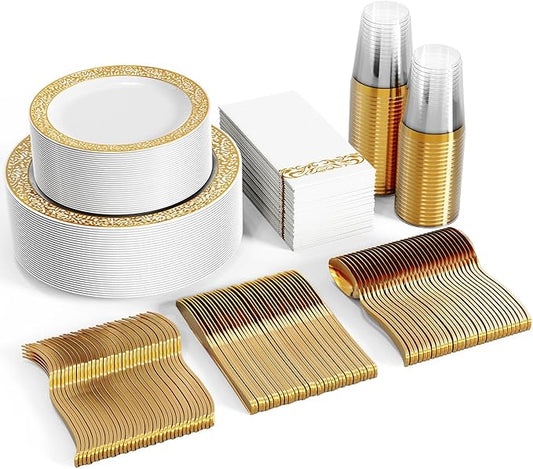 FOCUSLINE 350 Ct Gold Dinnerware Set for 50 Guests, Gold Lace Plastic Plates Disposable Heavy Duty, Including 50 Dinner & Dessert Plates, Cups, Napkins, Cutlery Set