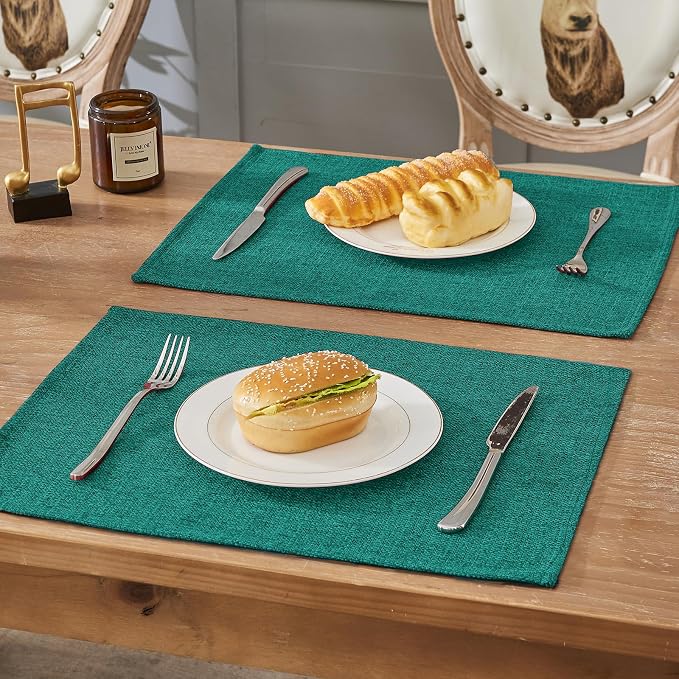 BALCONY & FALCON Placemats Set of 6 Faux Linen Cloth Place Mats Washable Waterproof Wrinkle Resistant Table Placemats for Dining Kitchen Farmhouse Indoor & Outdoor Use(Teal, 13.8”x 17.7”