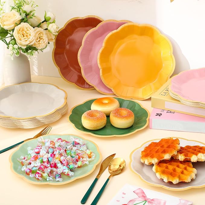 72 Pcs Boho Color Paper Plates 9 Inch Colorful Rainbow Scalloped Paper Disposable Dinner Dessert Plates for Birthday Wedding Bridal Party Supplies, 6 Colors