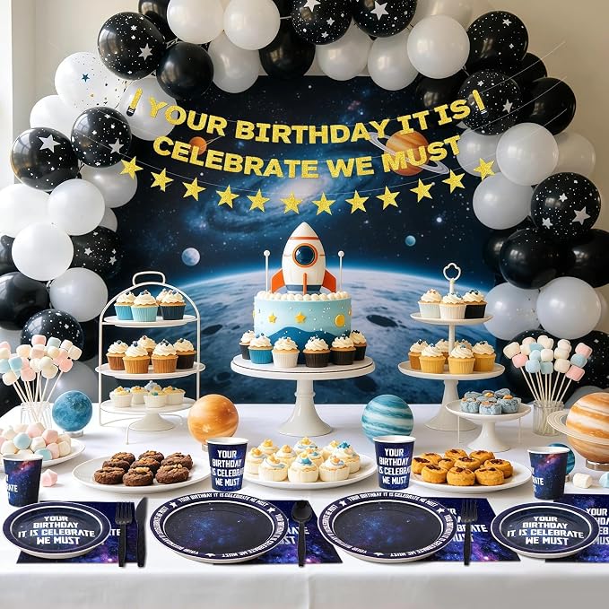 Space Theme Party Supplies 168PCS- Star Galaxy Birthday Decorations Set Includes 9” & 7” Dinnerware Paper Dessert Dinner Plates, Napkins, Cups & Cutlery, Serves 24