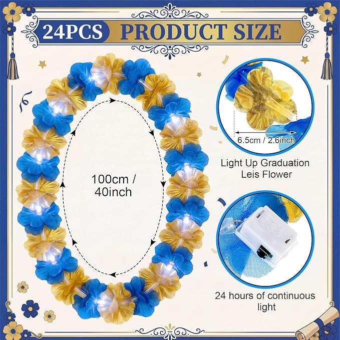 Sherr 48 Pcs Graduation LED Hawaiian Leis Class of 2026 Light Up Flower Leis Necklace with LED Lights Gold Blue Luau Flowers Necklaces for Graduation Party Decoration Supplies