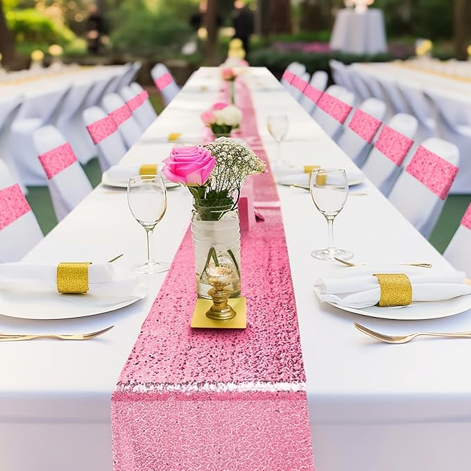 Newwiee 54 Pcs Pink Sequin Chair Sashes and Table Runners, 48 Sequin Chair Bows, 6 Glitter Table Runners for Birthday Party Wedding Banquet Holiday Decorations