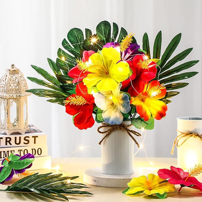 XunYee 6 Sets Hawaiian Party Table Centerpiece Decorations, Tropical Artificial Hibiscus Flowers with LED String Lights, Palm Leaves and Metal Vases for Luau, Tiki, BBQ Summer Beach Party Table Decor