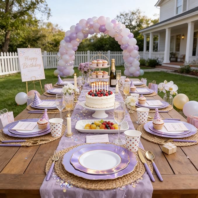 WDF 60pcs Purple Plates Disposable with Gold Rim - Baroque Light Purple Plastic Plates - Lavender Plates for Spring/Wedding/Birthday/Mother's Day
