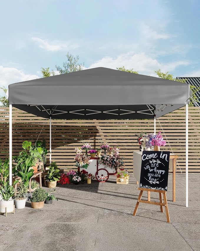 GarveeLife 10x10 Pop Up Canopy with One Sidewalls Easy Up Camping Tent with One Button Push Setup 1 Roller Bag 3 Adjustable Height 4 Weight Bags (New Grey, 10x10 + 1 Sidewall)