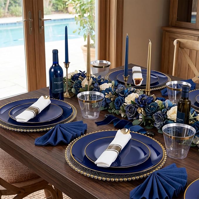 KIRE 175Pcs Blue Plastic Plates - Navy Blue Plates Disposable - 25 for Dinner 25 for Dessert 25 Pre Rolled Napkins with Gold Plastic Silverware and 25 Cups for Birthday/Wedding/Passover/Graduation