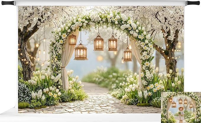 Kate Spring Flower Arch White Blossoms Lanterns Photo Backdrop, 10x6.5ft | Features Spring Flower Arch White Blossoms Lanterns Pathway; Photo background for spring portraits and seasonal photography.