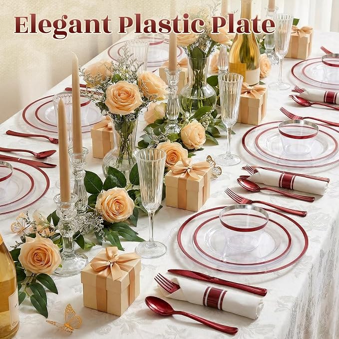 175pcs Plastic Plates for Party Clear & Red | Disposable Plastic Dinnerware Set for 25 Guests Include 50 Plastic Plates,25 Cups & 25 Pre Rolled Napkins with Cutlery Set