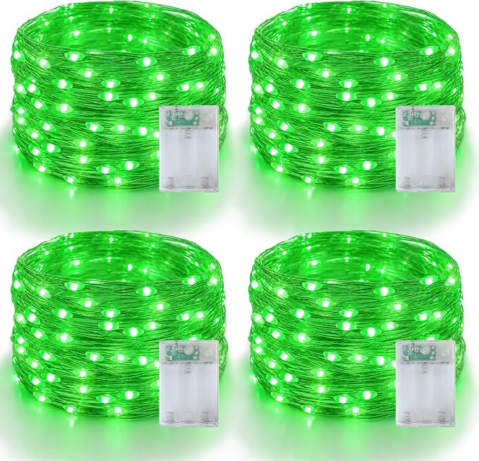 YEGUO Green Fairy Lights Battery Operated, 4 Pack Each 16ft 50 LED Mini String Lights, 2 Modes Silver Wire Christmas Twinkle Light Indoor for Halloween Bedroom Wedding Party Holiday Gift