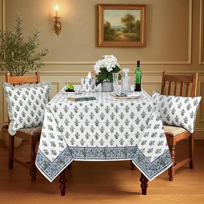 Ridhi Baby Blue Hand Block Print Cotton Rectangle Tablecloth 108" x 70" inches Reusable Table Cover Decorative Everyday Use for Dining Room, Farmhouse, Home Gift for Spring, Mother's Day