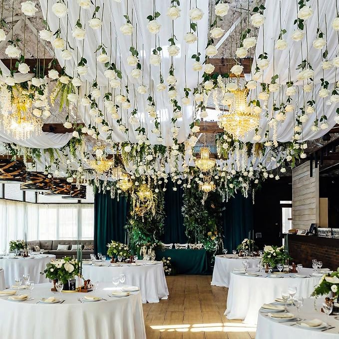 Suncalla 40 Pcs Artificial Rose Flower Hanging Decorations Set DIY Hanging Fake Roses Garlands with Hooks Wedding Party Decorations for Anniversary Background Themed Party(Cream White)